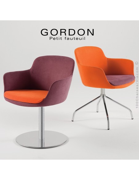 Fauteuil design tendance GORDON, pieds 4 branches ou colonne centrale acier chromé, assise garnie, habillage laine.
