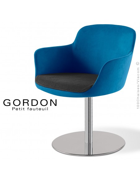 Fauteuil design tendance assise noir GORDON, pied colonne centrale acier chromé, assise garnie, habillage 100% laine bleu