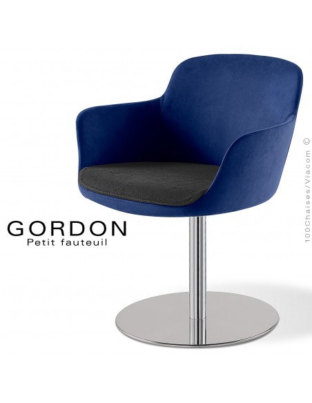 Fauteuil design tendance assise noir GORDON, pied colonne centrale acier chromé, assise garnie, habillage 100% laine bleu marine