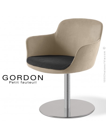 Fauteuil design tendance assise noir GORDON, pied colonne centrale acier chromé, assise garnie, habillage 100% laine bleu crème