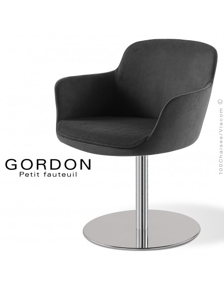 Fauteuil design tendance assise noir GORDON, pied colonne centrale acier chromé, assise garnie, habillage 100% laine bleu noir