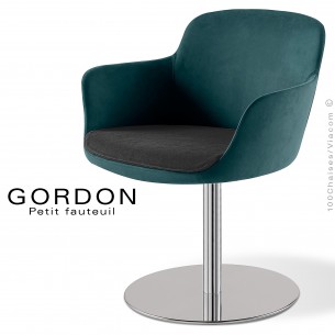 Fauteuil design tendance assise noir GORDON, pied colonne centrale acier chromé, assise garnie, habillage 100% laine pétrole