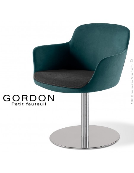 Fauteuil design tendance assise noir GORDON, pied colonne centrale acier chromé, assise garnie, habillage 100% laine pétrole