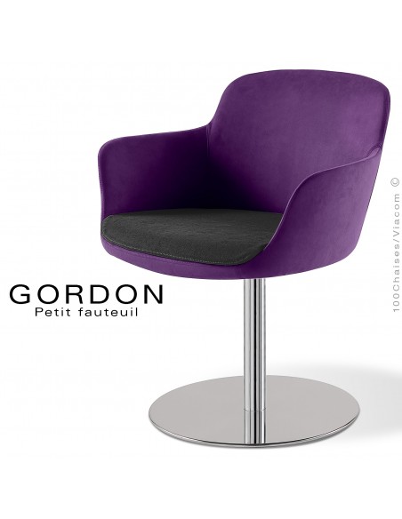 Fauteuil design tendance assise noir GORDON, pied colonne centrale acier chromé, assise garnie, habillage 100% laine prune