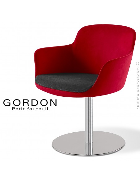 Fauteuil design tendance assise noir GORDON, pied colonne centrale acier chromé, assise garnie, habillage 100% laine rouge