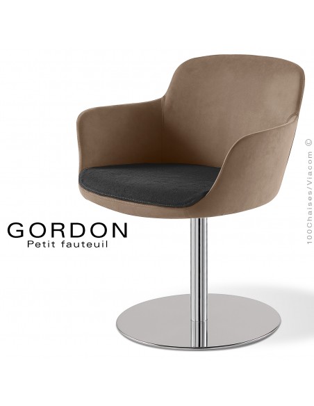 Fauteuil design tendance assise noir GORDON, pied colonne centrale acier chromé, assise garnie, habillage 100% laine sable