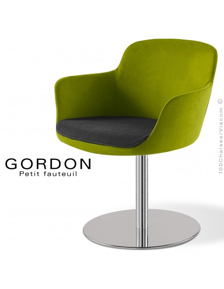Fauteuil design tendance assise noir GORDON, pied colonne centrale acier chromé, assise garnie, habillage 100% laine vert