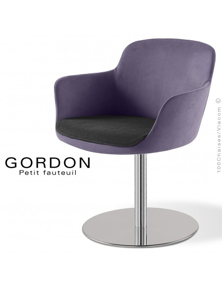 Fauteuil design tendance assise noir GORDON, pied colonne centrale acier chromé, assise garnie, habillage 100% laine lavande