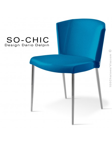 Chaise design tendance SO-CHIC, piètement 4 pieds acier chromé, assise garnie, habillage 100% laine type feutre bleu