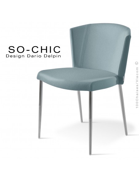 Chaise design tendance SO-CHIC, piètement 4 pieds acier chromé, assise garnie, habillage 100% laine type feutre bleu clair