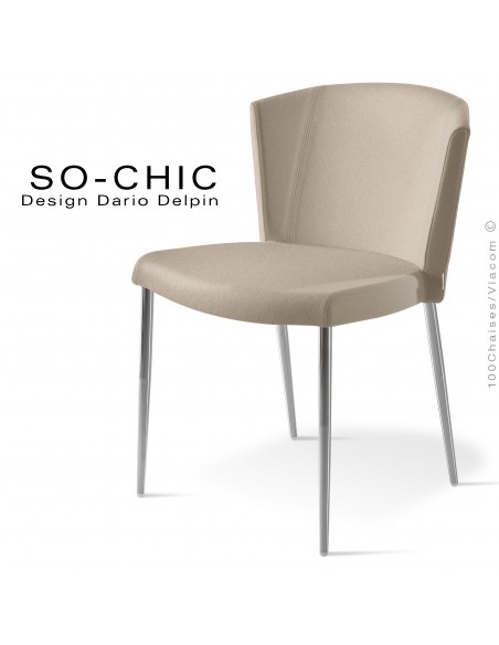 Chaise design tendance SO-CHIC, piètement 4 pieds acier chromé, assise garnie, habillage 100% laine type feutre crème
