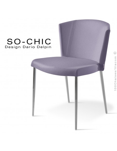 Chaise design tendance SO-CHIC, piètement 4 pieds acier chromé, assise garnie, habillage 100% laine type feutre lavande
