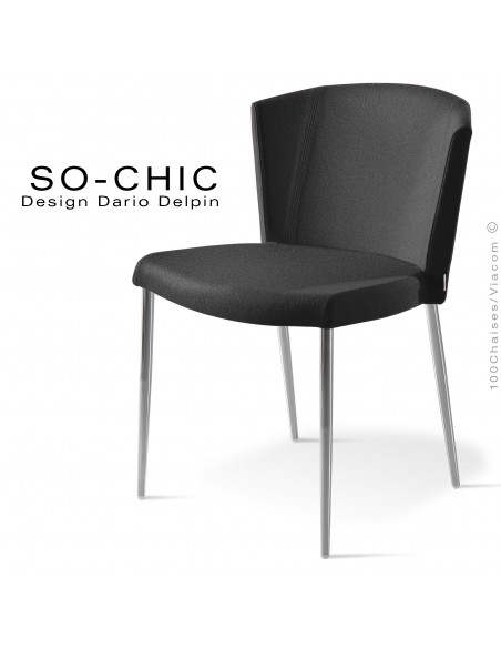 Chaise design tendance SO-CHIC, piètement 4 pieds acier chromé, assise garnie, habillage 100% laine type feutre noir