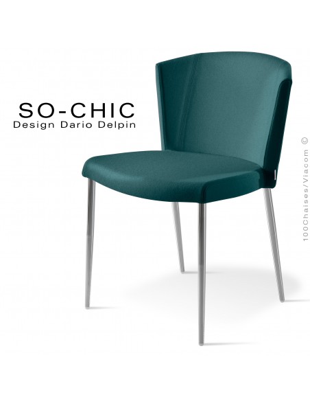 Chaise design tendance SO-CHIC, piètement 4 pieds acier chromé, assise garnie, habillage 100% laine type feutre pétrole