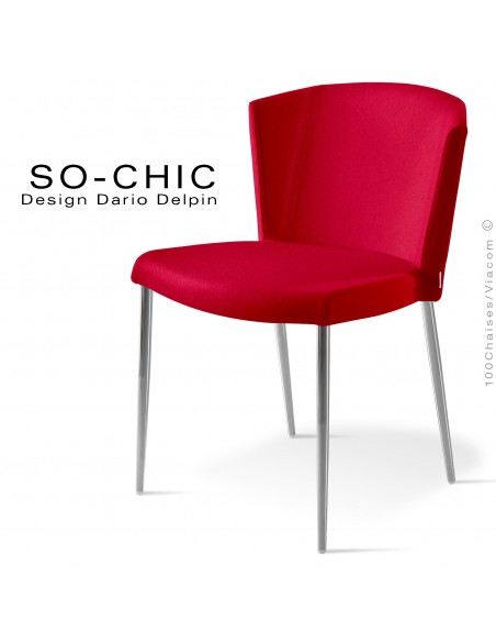 Chaise design tendance SO-CHIC, piètement 4 pieds acier chromé, assise garnie, habillage 100% laine type feutre rouge