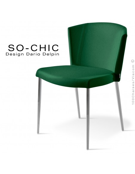 Chaise design tendance SO-CHIC, piètement 4 pieds acier chromé, assise garnie, habillage 100% laine type feutre vert sapin