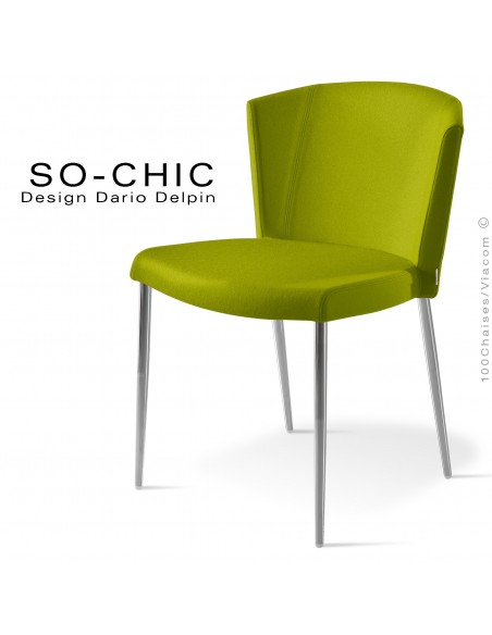 Chaise design tendance SO-CHIC, piètement 4 pieds acier chromé, assise garnie, habillage 100% laine type feutre vert