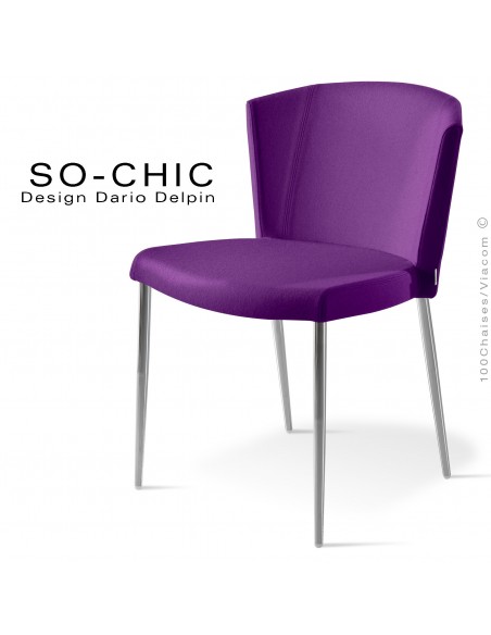 Chaise design tendance SO-CHIC, piètement 4 pieds acier chromé, assise garnie, habillage 100% laine type feutre violet