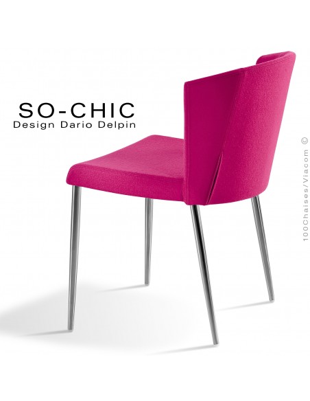 Chaise design tendance SO-CHIC, piètement 4 pieds acier chromé, assise garnie, habillage 100% laine type feutre rose