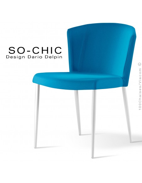 Chaise design tendance SO-CHIC, piètement 4 pieds acier peint blanc, assise garnie, habillage 100% laine type feutre bleu