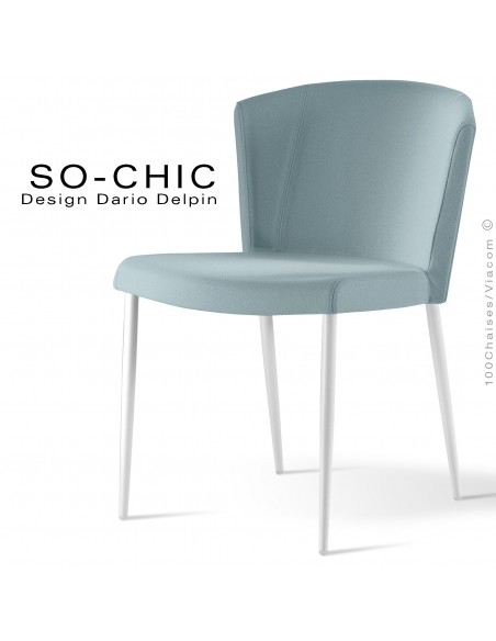 Chaise design tendance SO-CHIC, piètement 4 pieds acier peint blanc, assise garnie, habillage 100% laine type feutre bleu clair