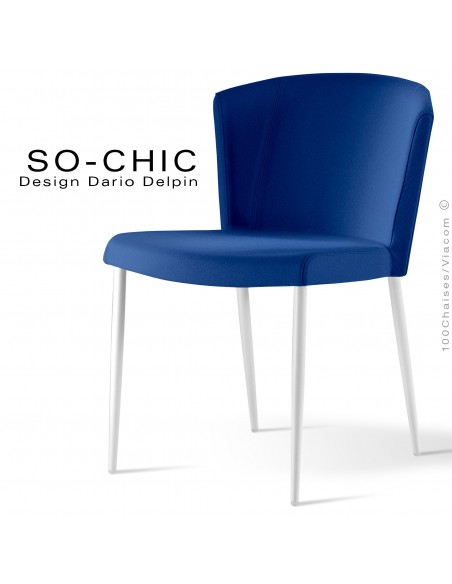 Chaise design tendance SO-CHIC, piètement 4 pieds acier peint blanc, assise garnie, habillage 100% laine type feutre bleu marine