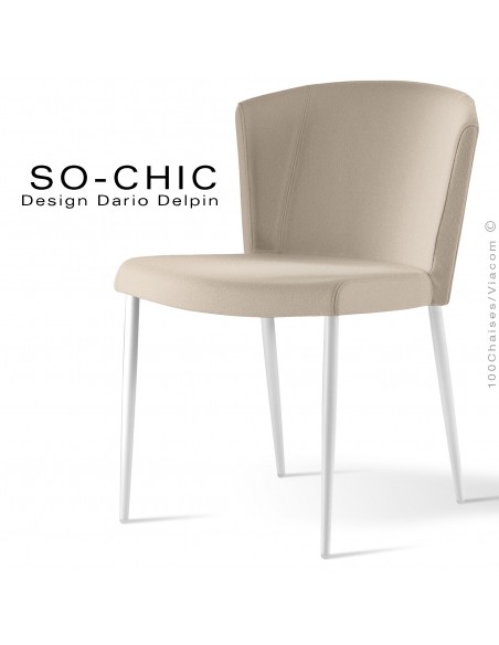 Chaise design tendance SO-CHIC, piètement 4 pieds acier peint blanc, assise garnie, habillage 100% laine type feutre bleu crème