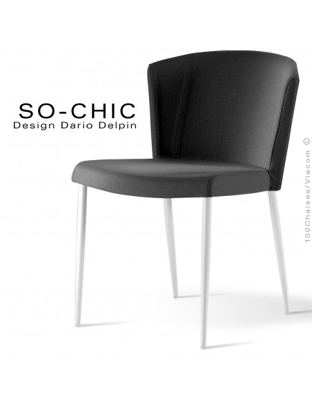 Chaise design tendance SO-CHIC, piètement 4 pieds acier peint blanc, assise garnie, habillage 100% laine type feutre noir