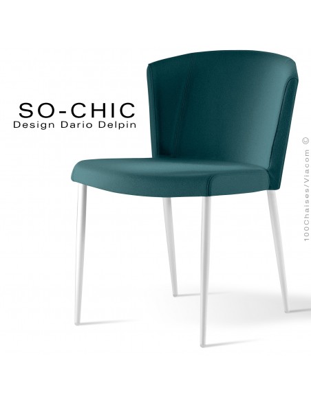 Chaise design tendance SO-CHIC, piètement 4 pieds acier peint blanc, assise garnie, habillage 100% laine type feutre pétrole