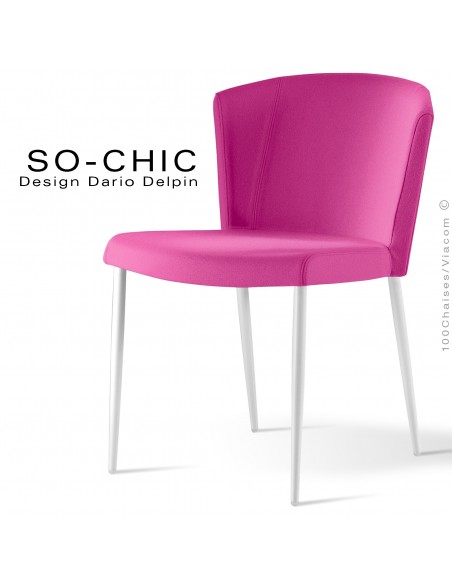 Chaise design tendance SO-CHIC, piètement 4 pieds acier peint blanc, assise garnie, habillage 100% laine type feutre rose