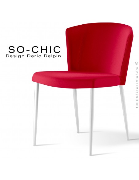 Chaise design tendance SO-CHIC, piètement 4 pieds acier peint blanc, assise garnie, habillage 100% laine type feutre rouge