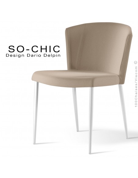 Chaise design tendance SO-CHIC, piètement 4 pieds acier peint blanc, assise garnie, habillage 100% laine type feutre sable