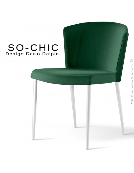 Chaise design tendance SO-CHIC, piètement 4 pieds acier peint blanc, assise garnie, habillage 100% laine type feutre vert sapin