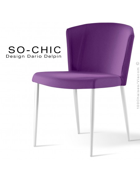 Chaise design tendance SO-CHIC, piètement 4 pieds acier peint blanc, assise garnie, habillage 100% laine type feutre violet