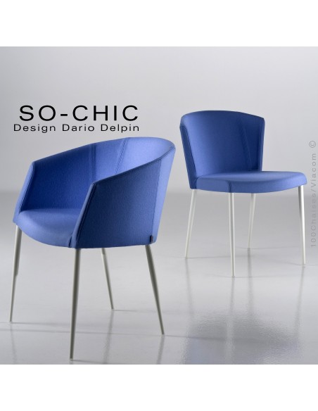 Chaise et fauteuil design tendance SO-CHIC, piètement 4 pieds acier chromé, assise garnie, habillage 100% laine type feutre