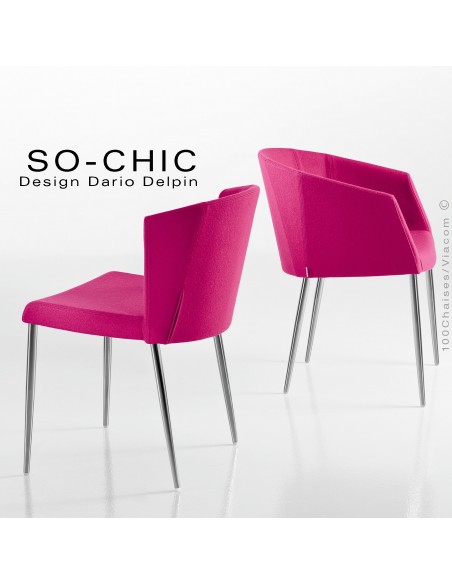 Chaise et fauteuil design tendance SO-CHIC, piètement 4 pieds acier chromé, assise garnie, habillage 100% laine type feutre