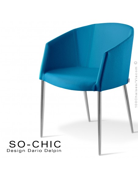 Fauteuil design tendance SO-CHIC, piètement 4 pieds acier chromé, assise garnie, habillage 100% laine type feutre bleu