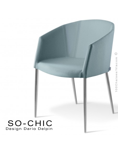 Fauteuil design tendance SO-CHIC, piètement 4 pieds acier chromé, assise garnie, habillage 100% laine type feutre bleu clair