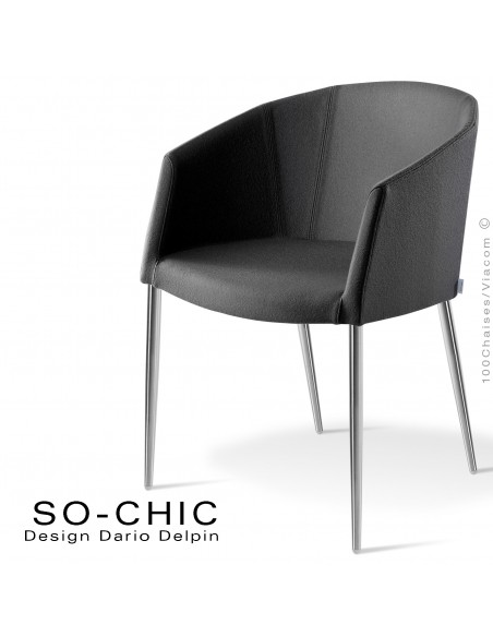 Fauteuil design tendance SO-CHIC, piètement 4 pieds acier chromé, assise garnie, habillage 100% laine type feutre noir