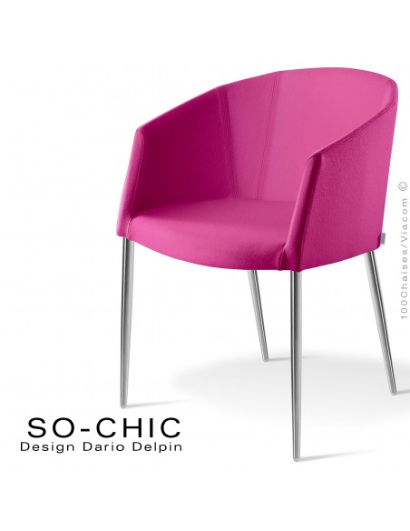 Fauteuil design tendance SO-CHIC, piètement 4 pieds acier chromé, assise garnie, habillage 100% laine type feutre rose
