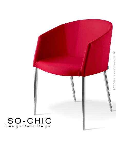 Fauteuil design tendance SO-CHIC, piètement 4 pieds acier chromé, assise garnie, habillage 100% laine type feutre rouge