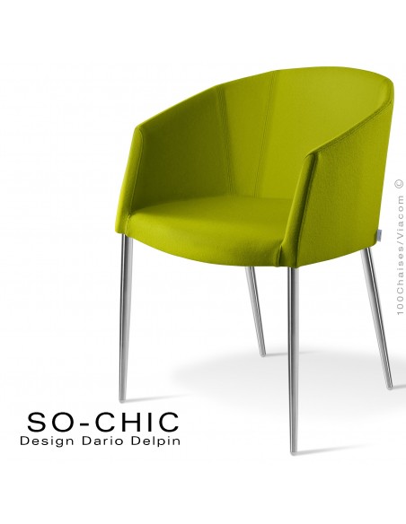 Fauteuil design tendance SO-CHIC, piètement 4 pieds acier chromé, assise garnie, habillage 100% laine type feutre vert