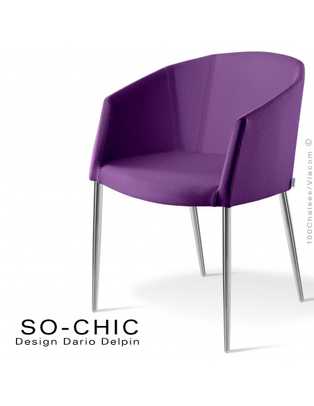 Fauteuil design tendance SO-CHIC, piètement 4 pieds acier chromé, assise garnie, habillage 100% laine type feutre vert violet