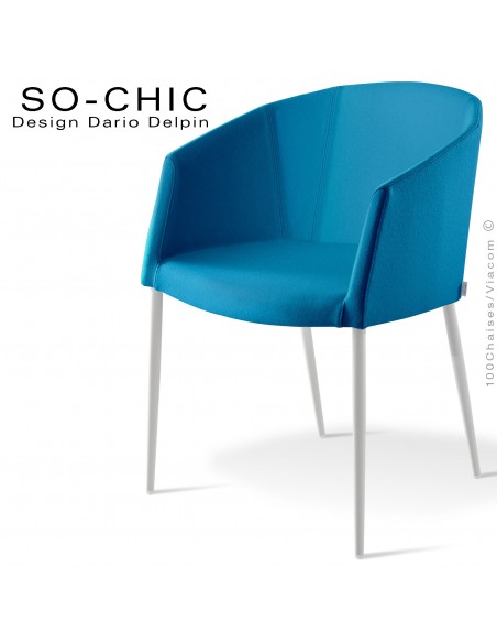 Fauteuil design tendance SO-CHIC, piètement 4 pieds acier peint blanc, assise garnie, habillage 100% laine type feutre bleu