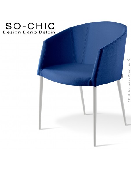 Fauteuil design tendance SO-CHIC, piètement 4 pieds acier peint blanc, assise garnie, habillage 100% laine feutre bleu marine