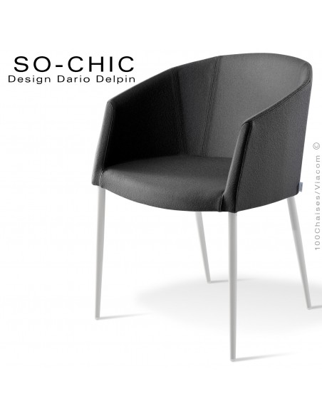 Fauteuil design tendance SO-CHIC, piètement 4 pieds acier peint blanc, assise garnie, habillage 100% laine feutre noir