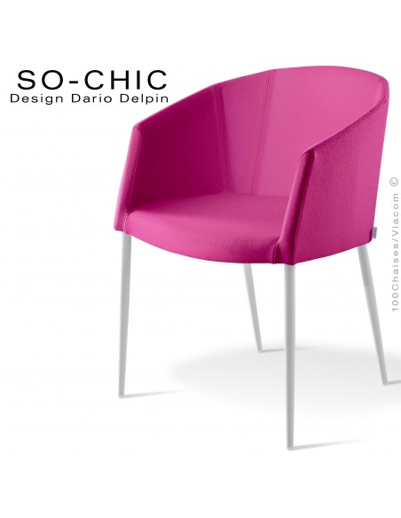 Fauteuil design tendance SO-CHIC, piètement 4 pieds acier peint blanc, assise garnie, habillage 100% laine feutre rose