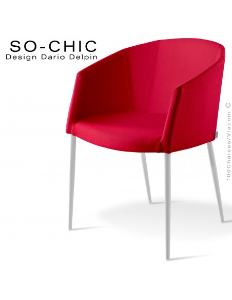 Fauteuil design tendance SO-CHIC, piètement 4 pieds acier peint blanc, assise garnie, habillage 100% laine feutre rouge