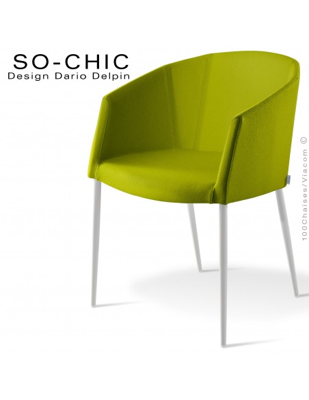 Fauteuil design tendance SO-CHIC, piètement 4 pieds acier peint blanc, assise garnie, habillage 100% laine feutre vert