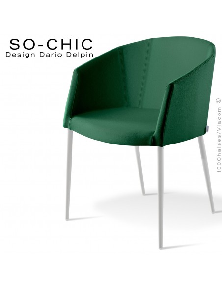 Fauteuil design tendance SO-CHIC, piètement 4 pieds acier peint blanc, assise garnie, habillage 100% laine feutre vert sapin